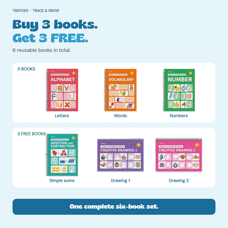 Buy three books and get three free, six books total: Alphabet, Vocabulary, Number, Addition and Subtraction, Creative Drawing 1 and Creative Drawing 2.