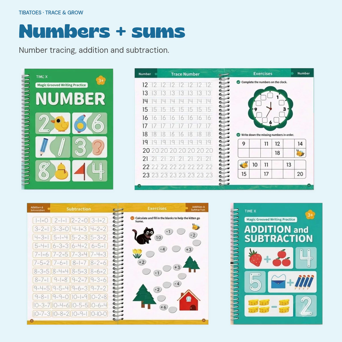 Number and Addition and Subtraction workbook covers alongside real interior pages.