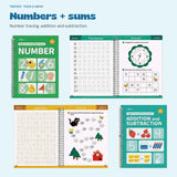 Number and Addition and Subtraction workbook covers alongside real interior pages.