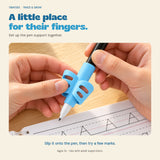 Hands demonstrating the pen support, with a reminder to use adult supervision.