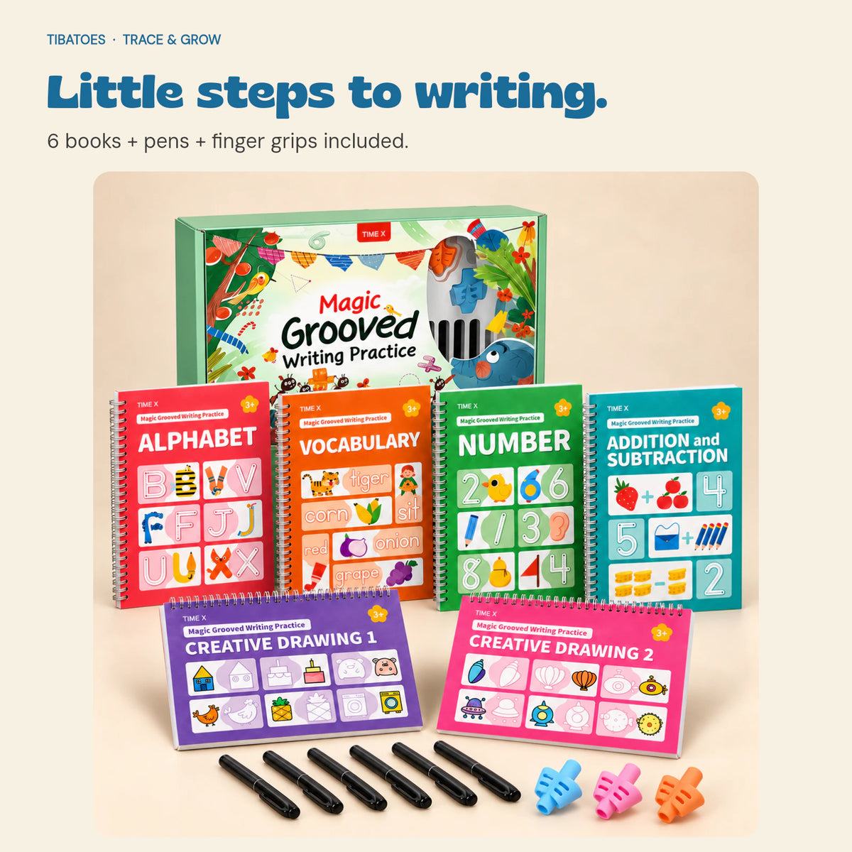 The complete Trace & Grow set: six writing and drawing books, six black pens, three coloured finger grips and the illustrated presentation box.