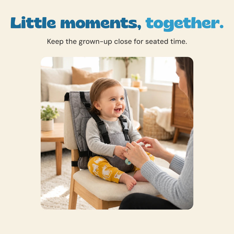 The existing child and adult sit together in the original home scene, with the actual Soft Grey chair harness visible.