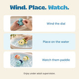 Three steps for turtle bath play: wind the dial, place on the water and watch the turtles paddle. Enjoy under adult supervision.