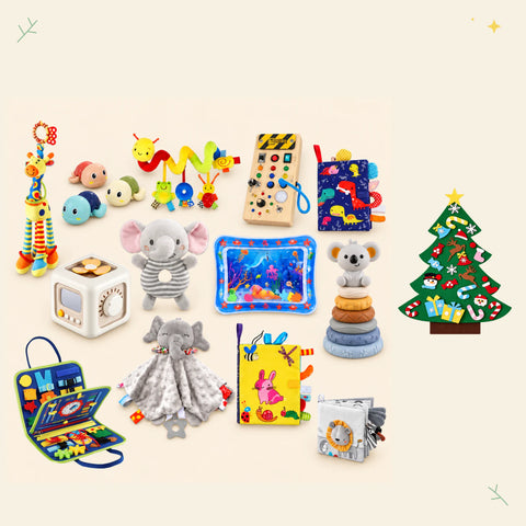 Dinosaur Blue busy board with felt Christmas tree and the complete sensory toy collection, including three soft books, cube, switch board, blanket, two rattles, spiral toy, stacking tower, turtles and water mat, arranged on warm beige with small festive corner details.