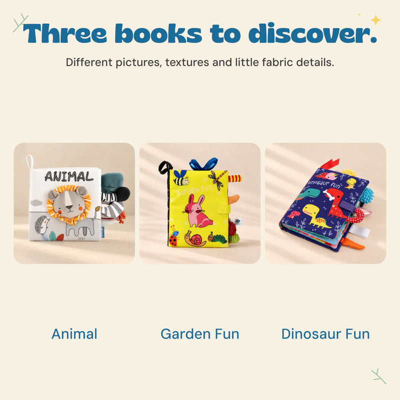 Animal Soft Sensory Book, Garden Fun and Dinosaur Fun Snuggle Stories books, each with its actual cover design.