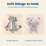 Grey elephant blanket with fabric tags and striped elephant ring rattle shown separately.