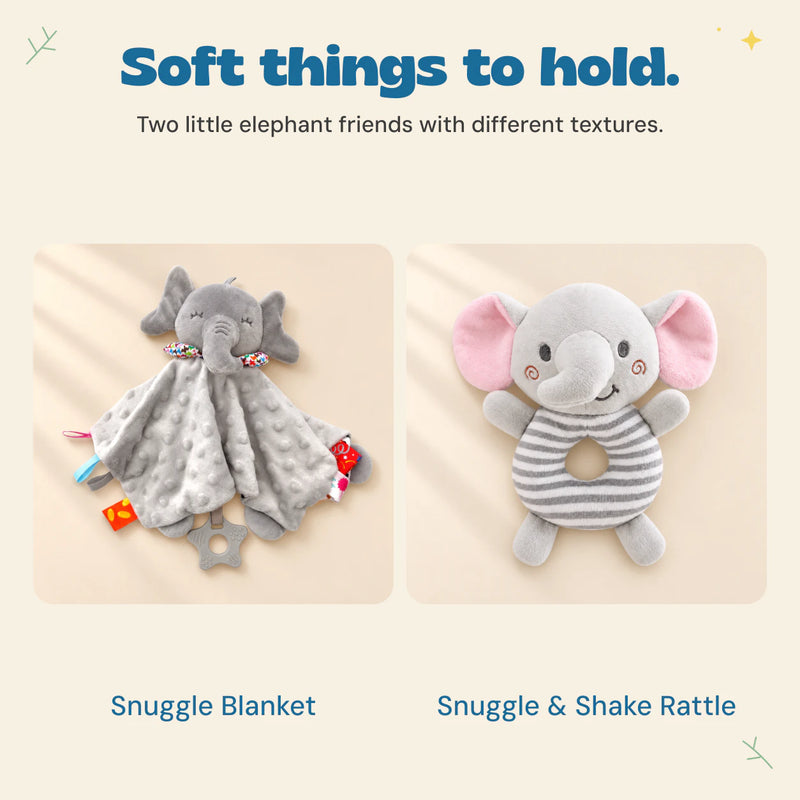 Grey elephant blanket with fabric tags and striped elephant ring rattle shown separately.