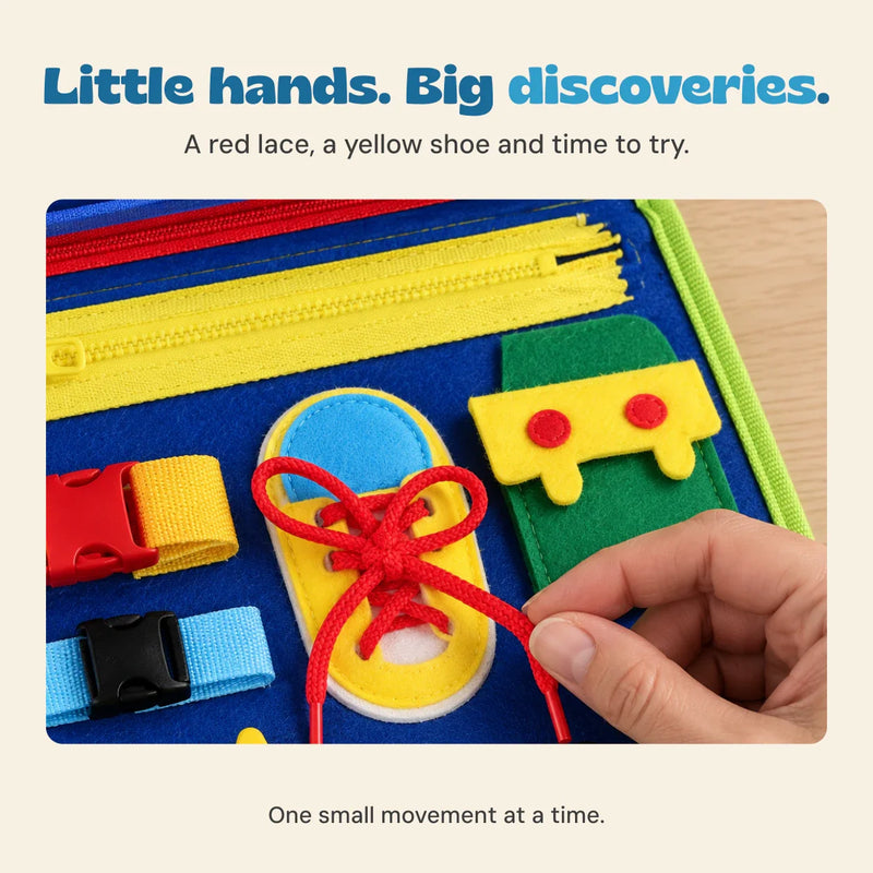 An adult hand holding the red lace on the yellow practice shoe of the blue and lime activity suitcase.