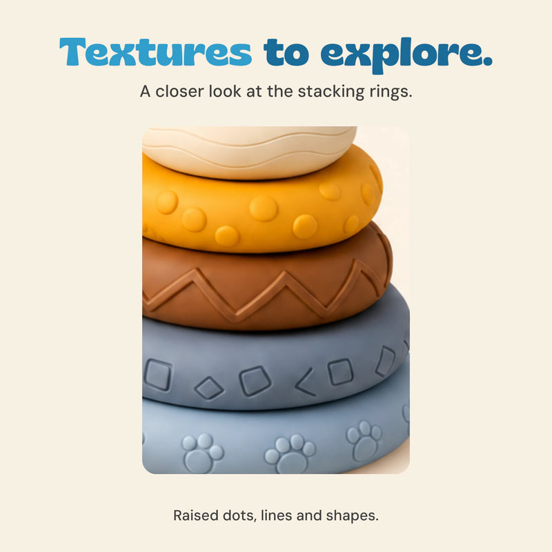 A close detail of the koala tower shows dots, zigzag lines and geometric patterns on its stacking rings.