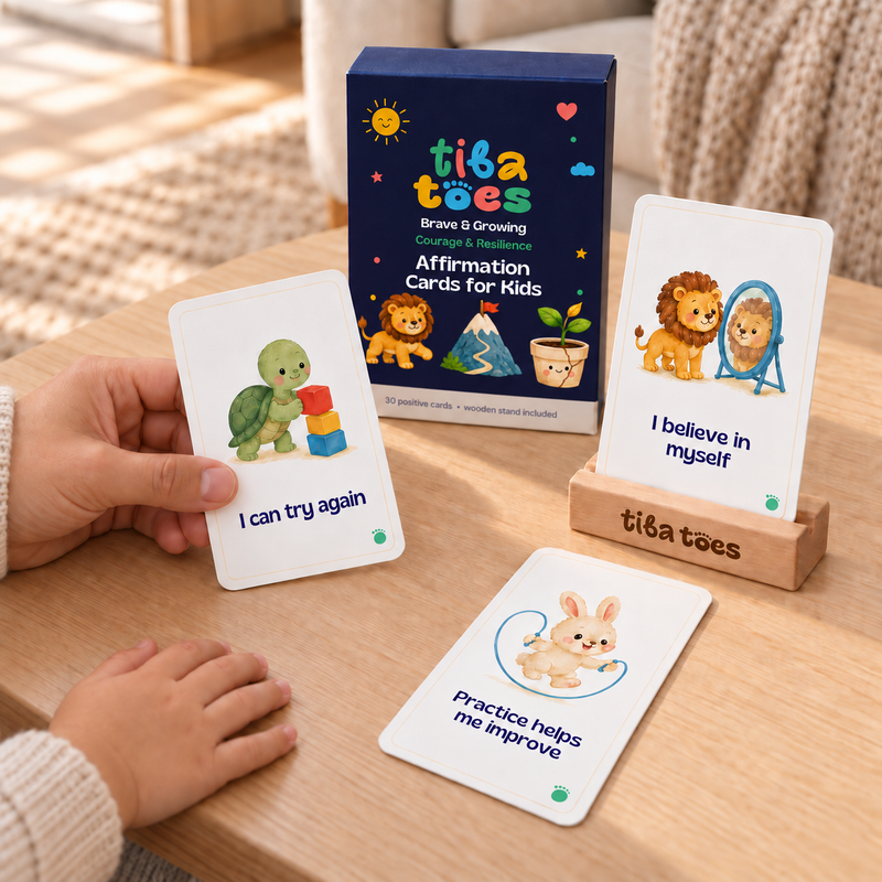 An adult naturally holds an I can try again affirmation card beside a child's resting hand. Updated Brave & Growing packaging with green Courage & Resilience subtitle and wooden stand. Generated lifestyle mockup.