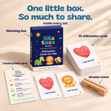 One little box. So much to share. My First affirmation deck, wooden stand, sample cards and instruction card with updated packaging. Product design mockup.