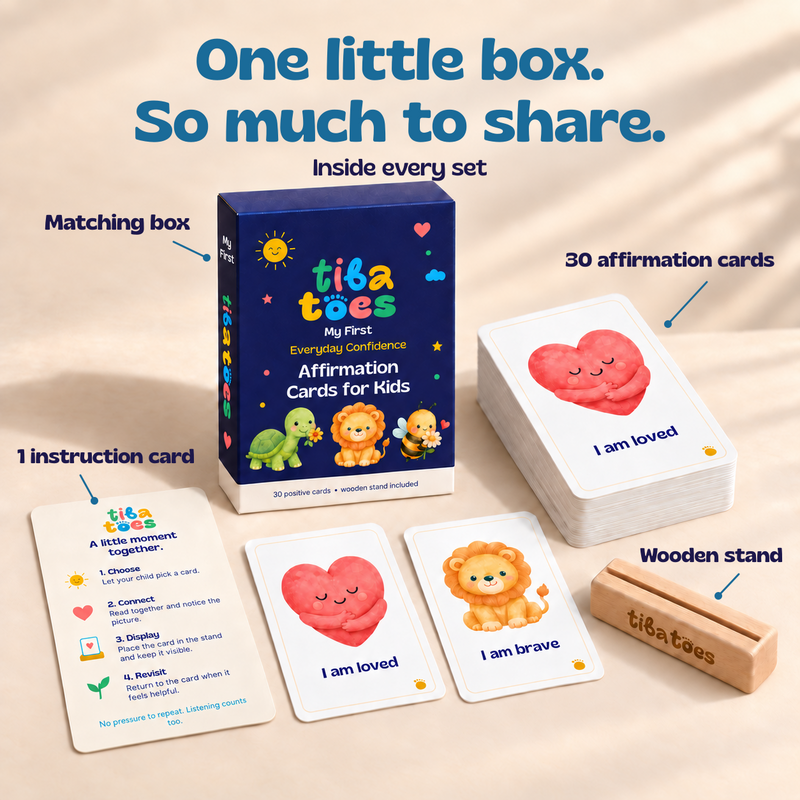 One little box. So much to share. My First affirmation deck, wooden stand, sample cards and instruction card with updated packaging. Product design mockup.