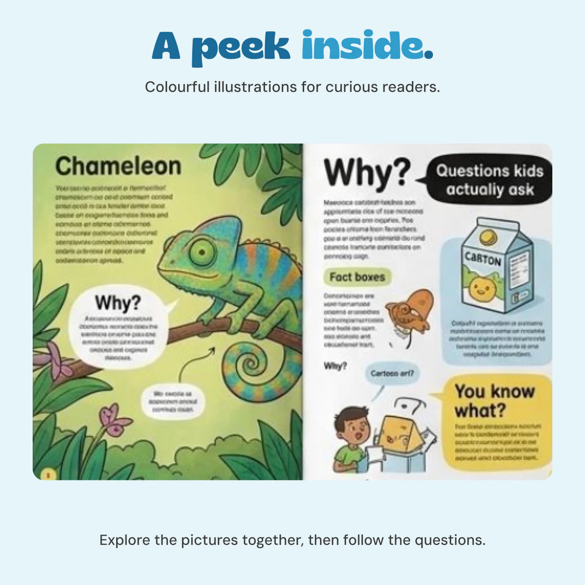 Original interior spread with a chameleon illustration and question panels.