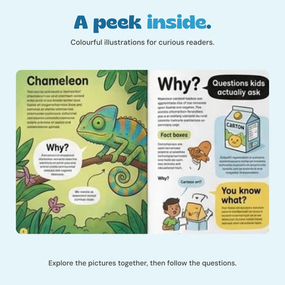 Original interior spread with a chameleon illustration and question panels.