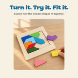 Turn it. Try it. Fit it.. Explore how the wooden shapes fit together.