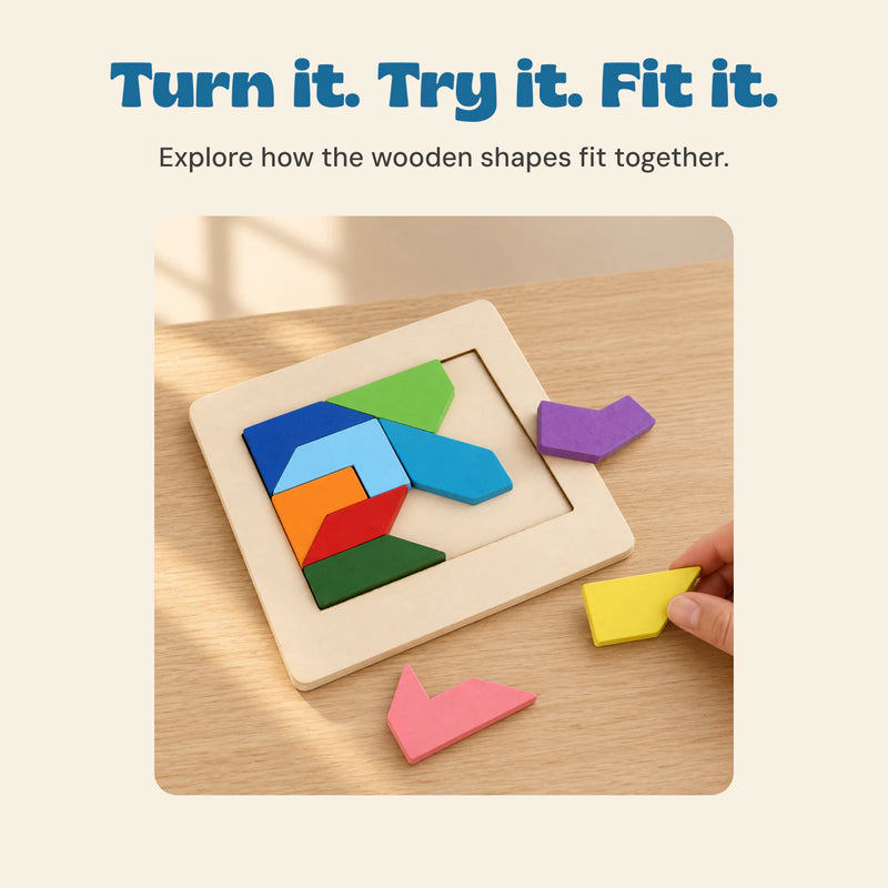 Turn it. Try it. Fit it.. Explore how the wooden shapes fit together.