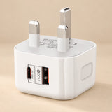 White UK wall adapter with USB-A and USB-C ports