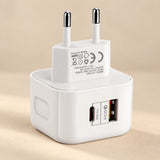 White EU wall adapter with USB-A and USB-C ports