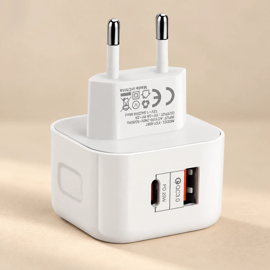White EU wall adapter with USB-A and USB-C ports