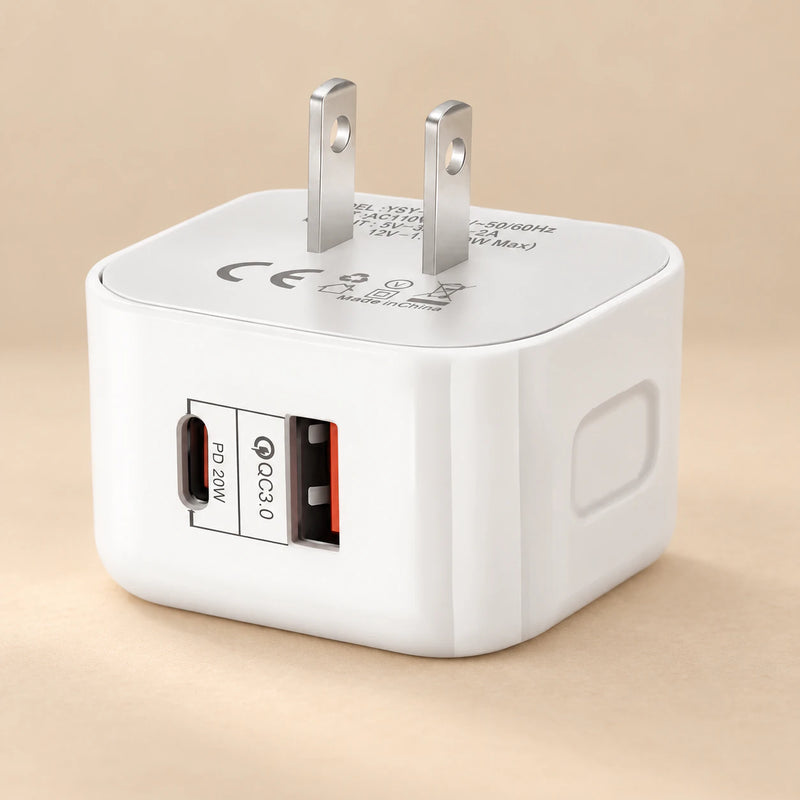 White US wall adapter with USB-A and USB-C ports