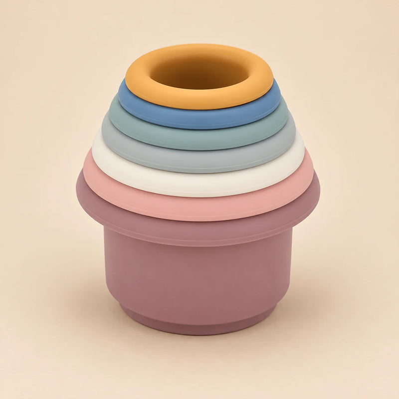 Seven Rainbow Pastel SoftStack cups nested together