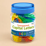 Jar of transparent uppercase letters with blue lid