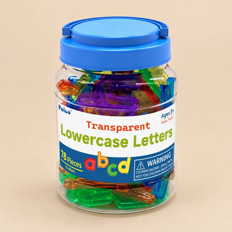 Jar of transparent lowercase letters with blue lid