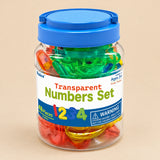 Jar of transparent numbers with blue lid