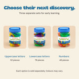 Uppercase, lowercase and number learning sets with their individual piece counts