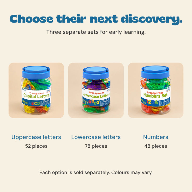 Uppercase, lowercase and number learning sets with their individual piece counts