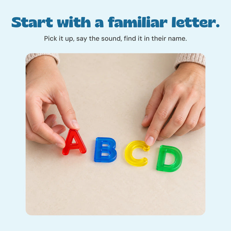 Hands arranging four transparent uppercase letter pieces